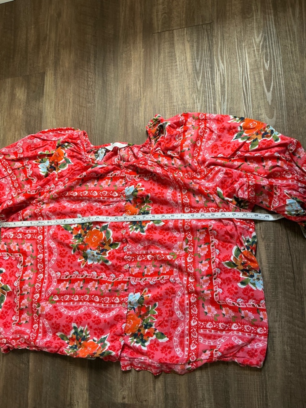 LC Lauren Conrad Red Floral Peasant Blouse with Puff Sleeves - Picture 4 of 10